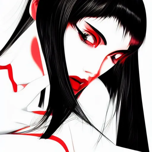 Image similar to a woman with black hair and a red and white background, vector art by Ilya Kuvshinov, featured on deviantart, shock art, ilya kuvshinov, official art, anime