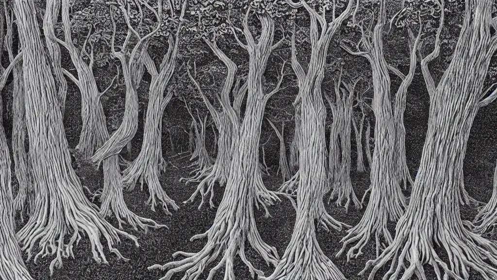 Image similar to a forest of trees that look like gnarled fingers, by chris van allsburg and m. c. escher, fine inking lines, surreal fantasy