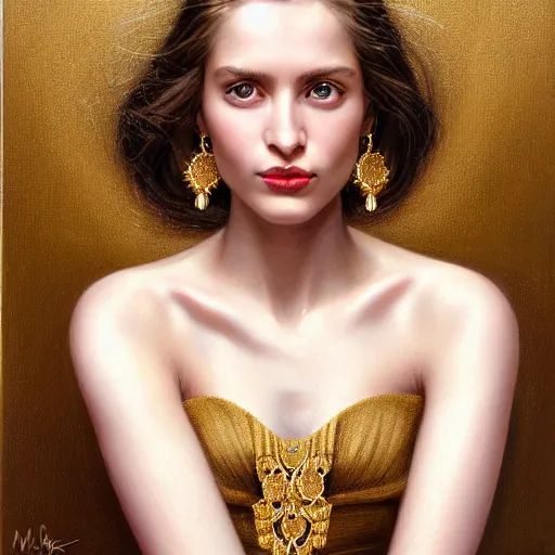 Prompt: Facial portrait of a gorgeous girl, looking away from the camera, seductive smile, heavy gold jewellery, gold and diamond necklaces, elegant revealing intricate dress, sparkle in eyes, lips slightly parted, long flowing hair, no hands visible, delicate, teasing, arrogant, defiant, bored, mysterious, intricate, extremely detailed painting by Mark Brooks (and by Greg Rutkowski), visible brushstrokes, thick paint visible, no light reflecting off paint, vibrant colors, studio lighting