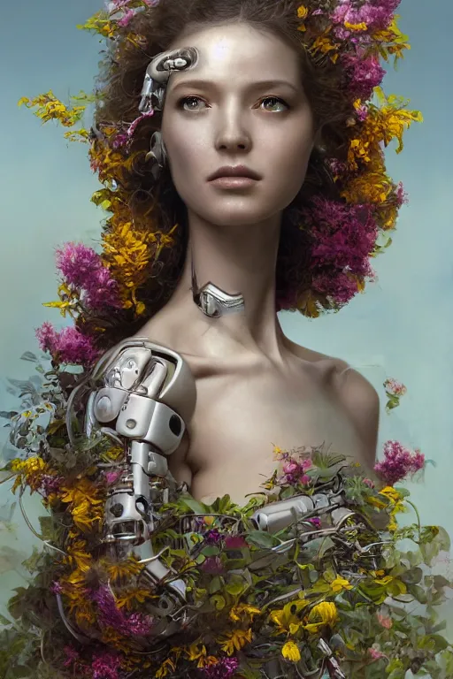 Prompt: a beautiful fine art RPG portrait photo of a robot female cyborg, spread out curly hair covered by hibiscus, daffodils, hydrangea, montsera leaves by tom bagshaw and zach sutton, golden ratio composition, soft studio lighting, soft vignette, 50mm lens, very detailed, bionic, cybernetic scifi, deep depth of field, artstation, 8K