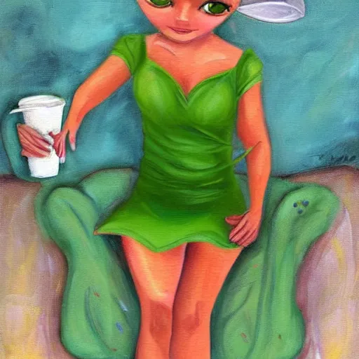 Prompt: Tinkerbell in short green dress with tattered hem, thick heavy eye makeup, bare feet, hungover, coffee cup, stark oil painting by Jasmine Beckett
