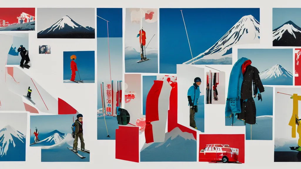 Image similar to an arrangement of skiing traveller props, japan, a collage painting, in the style of wes anderson, lola dupre, david hockney, isolated on negative white space background dark monochrome neon spraypaint accents volumetric octane render