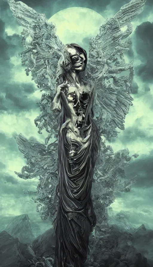 Prompt: painting of an ominous creepy dramatic bright angel of death with many skulls in dark clouds, full-body portrait, highly detailed, ornate and elegant, rococo, fantasy, traditional art, gothic, abstract art, surrealism, concept art, vaporwave, synthwave, ambient, retro, futurism, pixel sorting, glitch art, on artstation