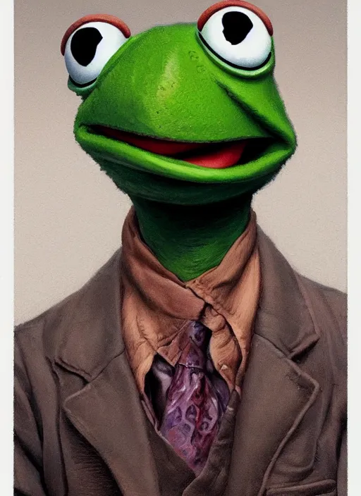 Prompt: portrait Kermit the frog in They Live (1988), highly detailed, centered, solid color background, digital painting, artstation, concept art, smooth, sharp focus, illustration, peter mohrbacher, donato giancola, Joseph Christian Leyendecker, Les Edwards, Ed Repka, Basil Gogos, WLOP, Artgerm