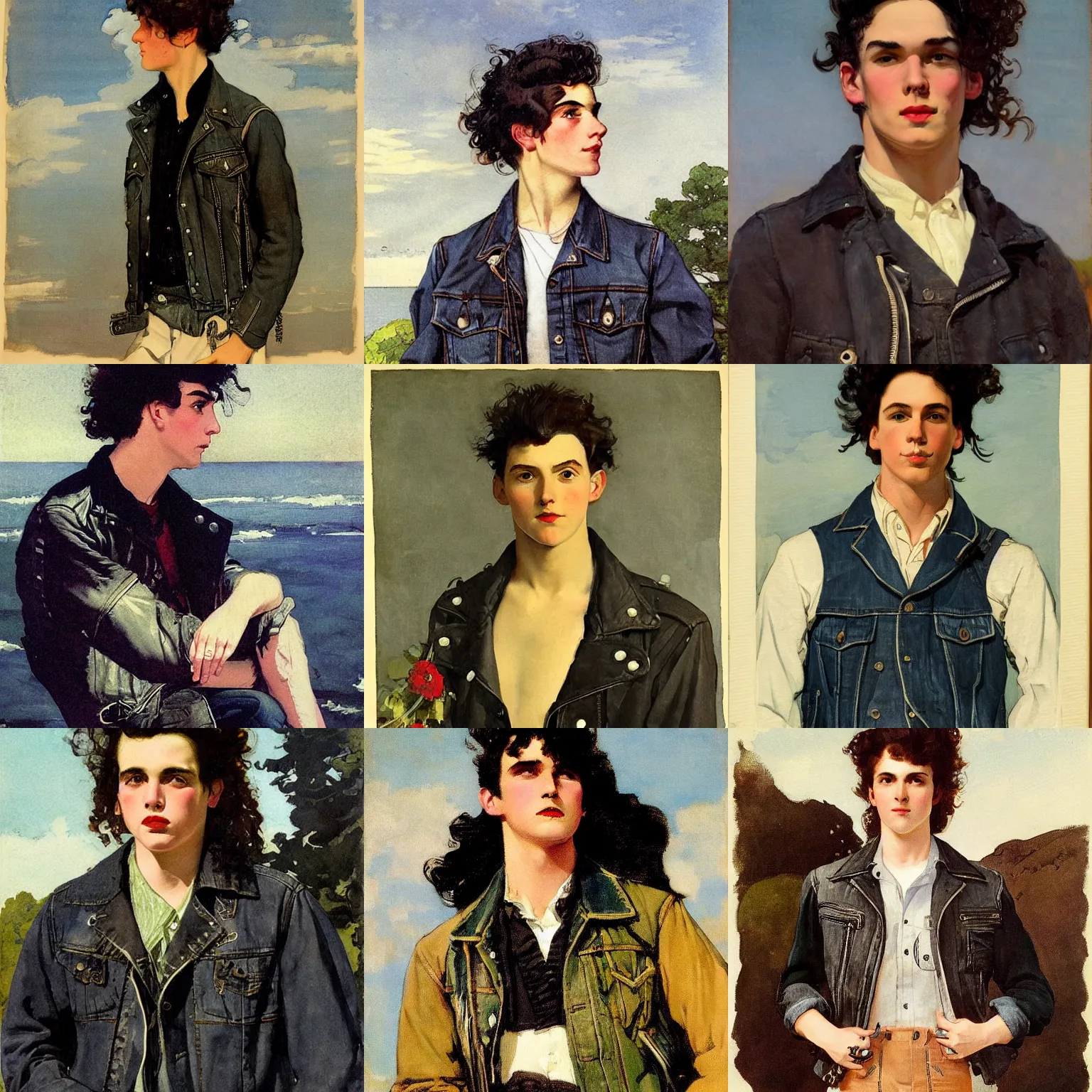 Prompt: beautiful punk rock young man with long curly dark hair and a denim vest over a leather jacket, clean shaven, as painted by winslow homer and leyendecker