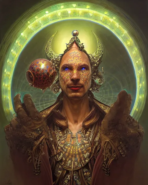 Image similar to front shot of a court jester character, hyperdimensional, bioluminescent hypercubes, ((intricate)), elegant, highly detailed, centered, (((artstation, concept art, smooth, sharp focus, artgerm, Tomasz Alen Kopera, Peter Mohrbacher, donato giancola, Joseph Christian Leyendecker, WLOP, Boris Vallejo))), mugshot!!!!!, ugly!!!!!!, octane render, nvidia raytracing demo, grainy, muted