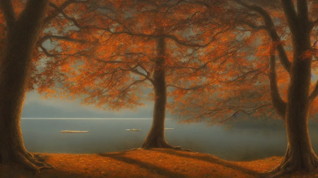 Image similar to a cinematic hyperrealism highly detailed photograph of maple tree beside the lake, by christophe vacher, trending on artstation, 4 k hd wallpaper premium prints available.