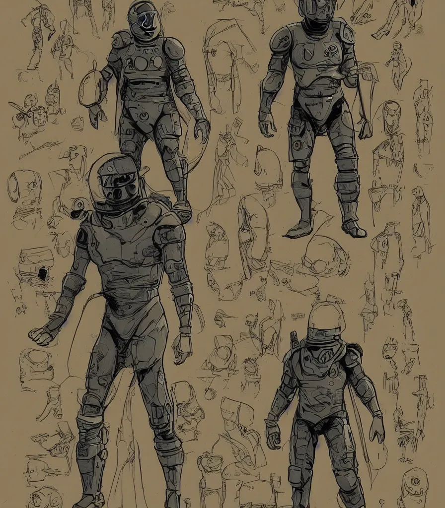 Image similar to male, heroic figure, space suit with a modern helmet, character sheet, science fiction, sketch, very stylized, digital art, illustration on kraft paper, shaded pen and ink, digital painting, by mike mignola, by alex maleev