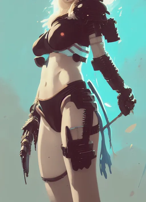 Image similar to portrait of cute goth girl in bikini cyborg armor, warhammer, by atey ghailan, by greg rutkowski, by greg tocchini, by james gilleard, by joe gb fenton, by in kaethe butcher, dynamic lighting, gradient light blue, brown, blonde cream and white color in scheme, grunge aesthetic