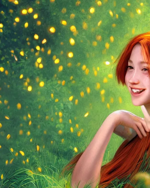 Prompt: a happy young woman, admiring the lights of golden fireflies, sitting in the midst of nature with a wonderful dress, long loose red hair, bright green eyes, small nose with freckles, triangle shape face, smiling, romantic scene, golden ratio, high contrast, photo realistic digital art by caravaggio and artgerm.