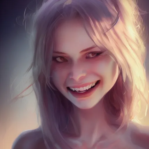 Prompt: Woman smiling by Stanley Artgerm Lau, WLOP, Rossdraws, James Jean, Andrei Riabovitchev, Marc Simonetti, tranding on artstation