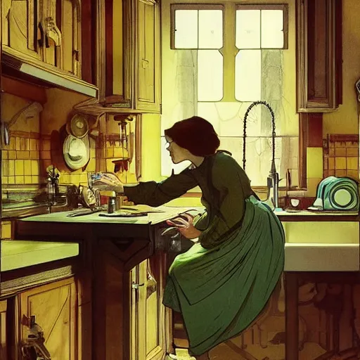 Prompt: delia derbyshire is doing chores in a kitchen, 8 k, art by greg rutkowski and alphonse mucha and andreas rocha and albert bierstadt