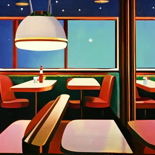 Image similar to the corner booth at a greasy diner on the moon, American midcentury painting, iconic, stunning light