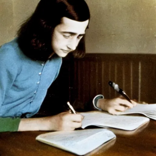 Image similar to A color photograph of Anne Frank writing in her diary