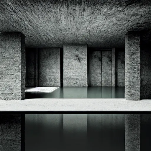 Image similar to a black and white photo of a room with green water, a detailed matte painting by peter zumthor, behance, abstract art, matte painting, behance hd, matte background