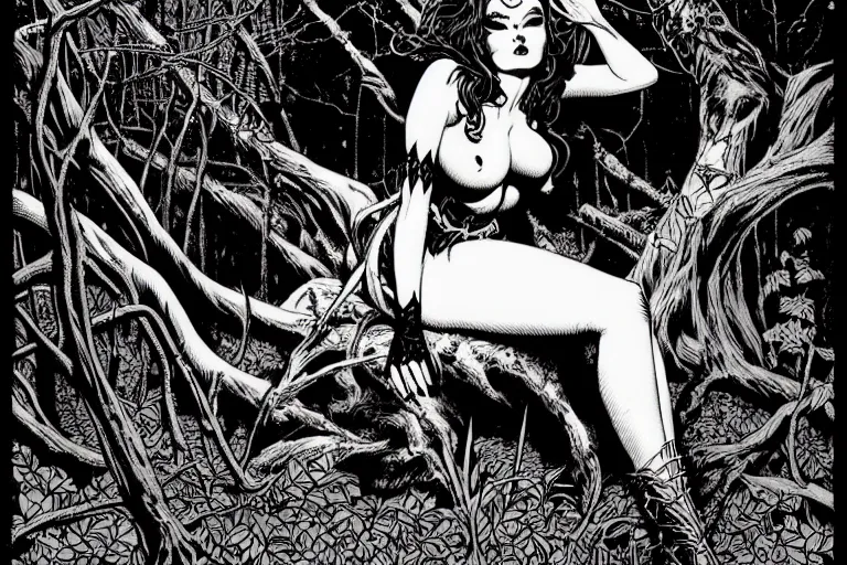 Image similar to a stunning vampiress sitting in an autumn forest, fantasy graphic novel style, by wendy pini and virgil finlay, intricate, vivid gradient colors, very fine inking lines, extremely detailed, 4k, hd