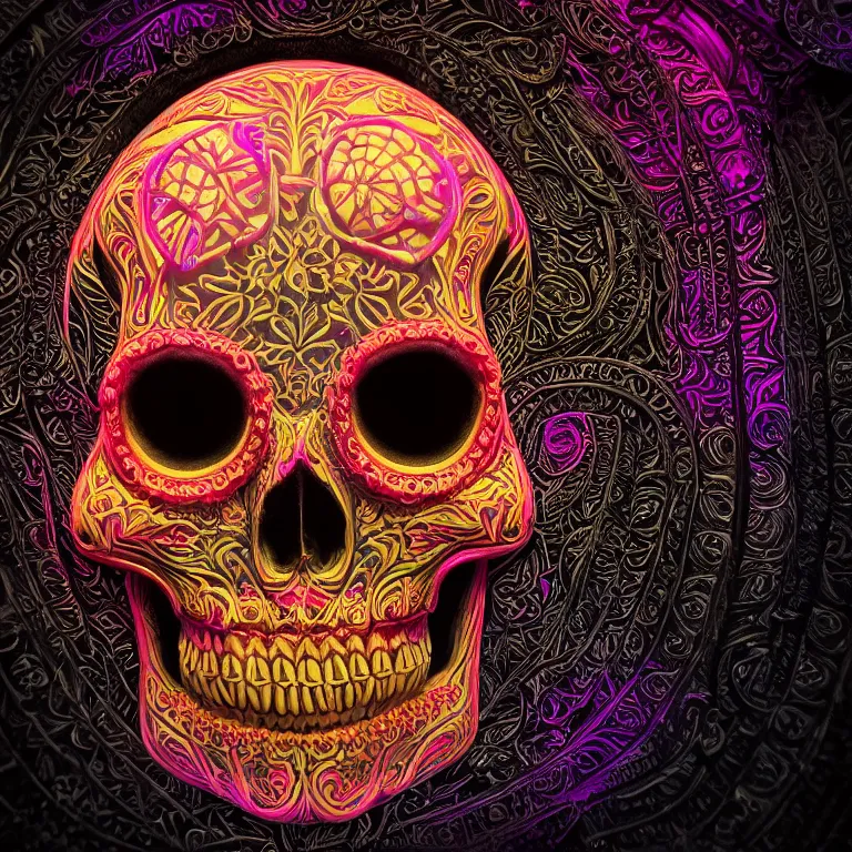 Image similar to a highly detailed photographic render of intricately carved sugar skull, psychedelic, black background, neon light, intricate ornament, gilding, horror, dark fantasy, beautifully lit, ray traced, octane 3D render in the style of Gerald Brom and James Gurney