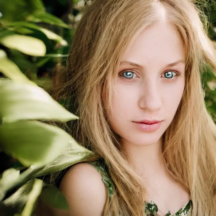 Image similar to portrait photograph of an extremely beautiful!!!! young female , symmetric face!, symmetric round detailed eyes!!, slight smile, natural light, wearing a intricate dress!! Blond hair. Bright green eyes. in a tropical lush greenhouse. looking at the camera!!. super resolution. Extremely detailed. Graflex camera!, bokeh!!!!! trending on artstation.