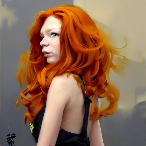 Prompt: greg manchess portrait painting of ginger girl!!! long curly hair!! black eyes!! evil, sad! with a ginger cat as overwatch character, medium shot, asymmetrical, profile picture, organic painting, sunny day, matte painting, bold shapes, hard edges, street art, trending on artstation, by huang guangjian and gil elvgren and sachin teng