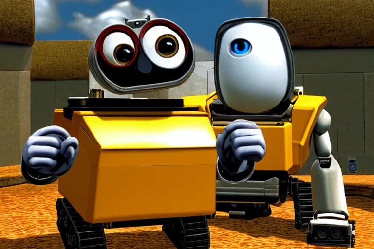 Image similar to wall - e in super mario 6 4, heavy detailed, ultra high definition quality, yakuza game engine graphics