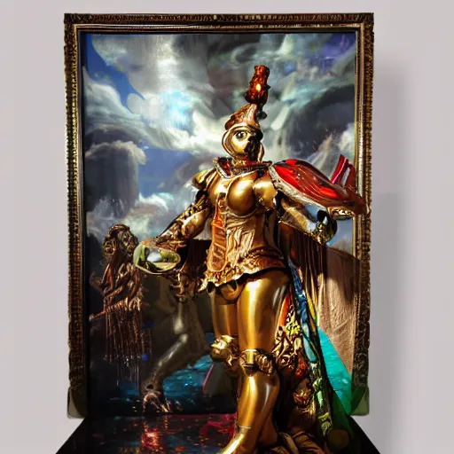 Prompt: large diorama, 3d colorful resin painting, , heroic pose , baroque style painting backdrop, light refraction, light reflection, foreground/background, real porcelain texture effect, avantgarde animatronic cyborg