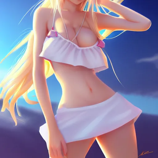 Prompt: tiny father a tall daughter picture : a very beautiful young blond anime girl, bright face, sunhat, sky blue eyes, bikini, white miniskirt, highly detailed, cinematic wallpaper by stanley artgerm lau