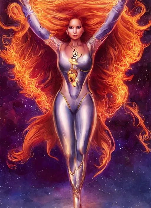 Image similar to front portrait hands behind body pose of attractive Jennifer Lawrence as Starfire with ginger wavy hair, hands behind her body pose!, Intricate overlay flames imagery , D&D!, fantasy style, sharp focus!, ultra detailed, art by Artgerm and Peter Andrew Jones, WLUP