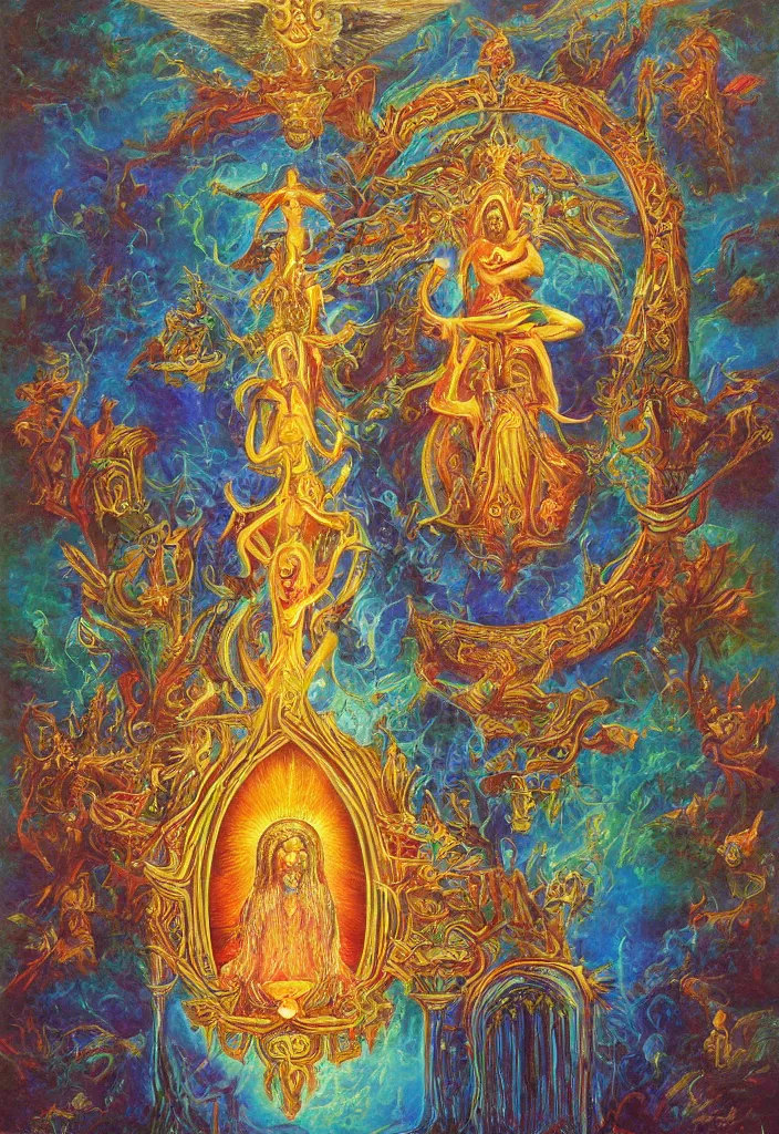 Prompt: holy throne of the gnostic lunar god, award winning oil painting, iridescent color palette