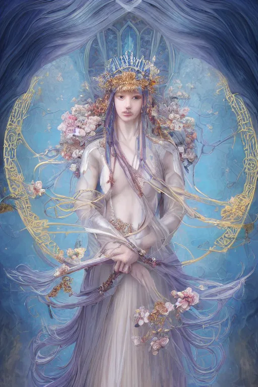 Image similar to breathtaking detailed soft painting of a knight queen with long flowing blue hair, pastel flowers petals and golden ribbons flying, art by pilyeon and yuumei art, symmetrical facial features, at dawn in front of a pristine golden art nouveau cathedral, elegant, volumetric lighting, highly detailed, artstation, concept art, matte, sharp focus,