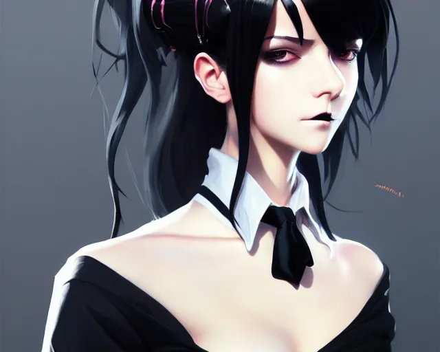 Image similar to a ultradetailed beautiful portrait panting of a stylish goth woman, wearing a shirt with a tie, dramatic, she has black hair, fashion, by makoto shinkai, greg rutkowski and hajime sorayama, trending on artstation