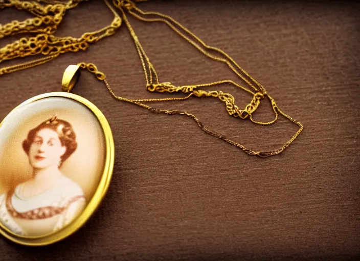 Image similar to sepia photo of a golden necklace with a hanging tiny open oval rusty golden locket pendant with a retro photo of an elegant and aesthetic woman royalty portrait, on a forest background with bokeh. Retro. Antique. High quality 8k. Intricate. Graflex camera 35mm. Award winning