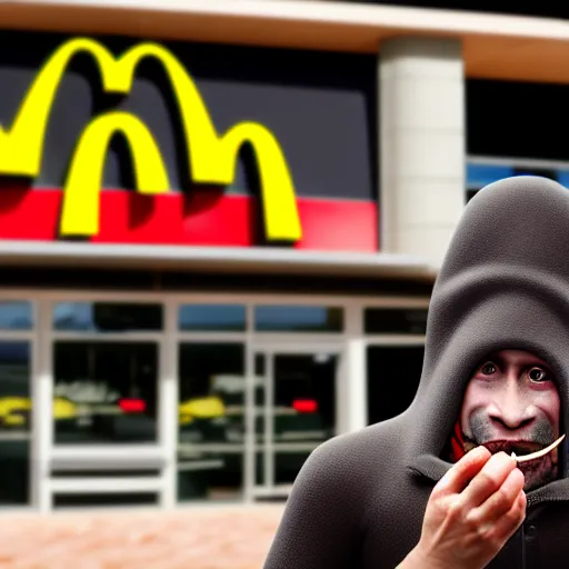 Image similar to photograph of a man with a steak head begging for food at mc donalds, 8k resolution, high detail, ULTRA REALISTIC VFX, reflections