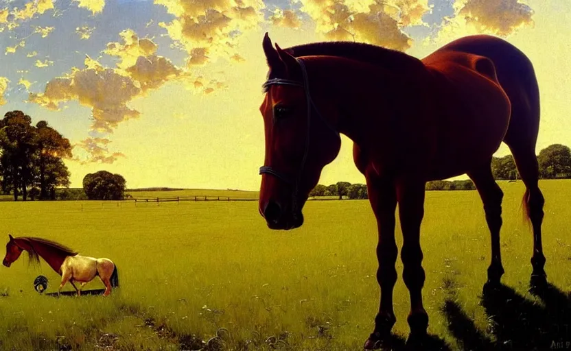 Image similar to a masterpiece oil painting of a horse backlit in a pasture. ultra wide angle, fantasy art, norman rockwell, alex ross, heroic lighting, romance novel cover, very very very beautiful raytraced rendering