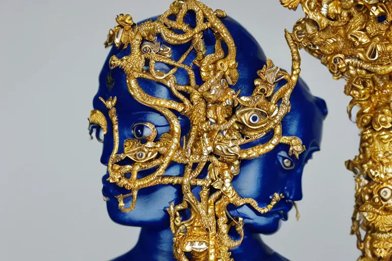 Image similar to full head and shoulders, beautiful female, deep blue porcelain sculpture, plastic jewellery of a hindu god, with lots of ornate gold leaf animals, attached to head by daniel arsham and james jean, on a white background, delicate facial features