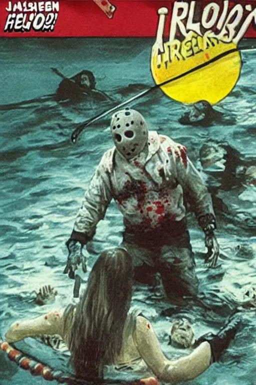 Prompt: jason voorhees swimming in a pool of cereal, realistic, moody grindhouse, dark