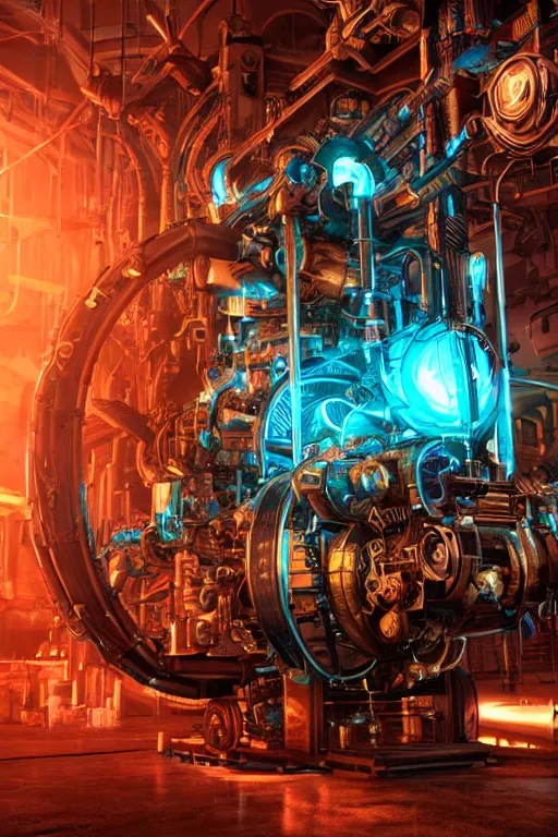 Image similar to a movie poster, movie is called tripmachine, photo of a huge futuristic steampunk generator inside a steampunk machinery, 8 k, fluorescent colors, halluzinogenic, multicolored, exaggerated detailed, 3 d render, octane