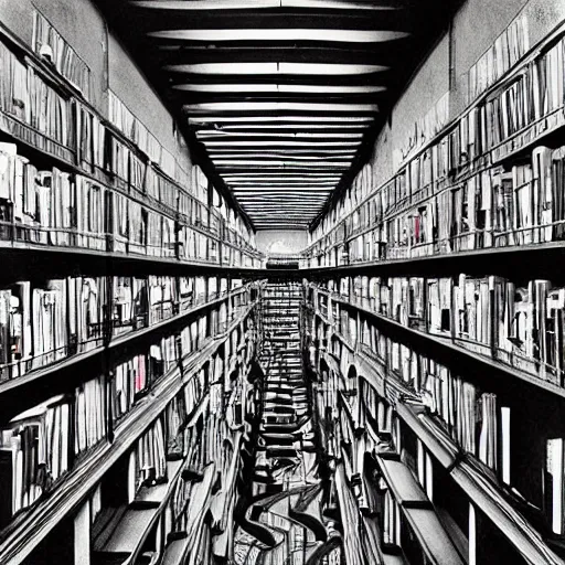 Image similar to “lost in a labyrinth that is Powell’s City of Books. Creepy liminal photo. Hyperrealistic, Photo taken by M.C. Escher. benchmark resolution photo”