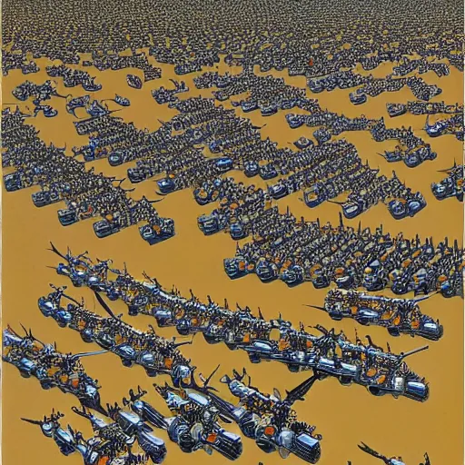 Image similar to painting of army of army of metallic robots in desert, by mc escher