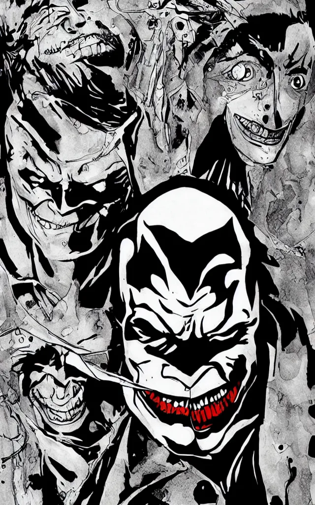 Image similar to Batman and joker in the style of junji ito, weapons, horror, manga