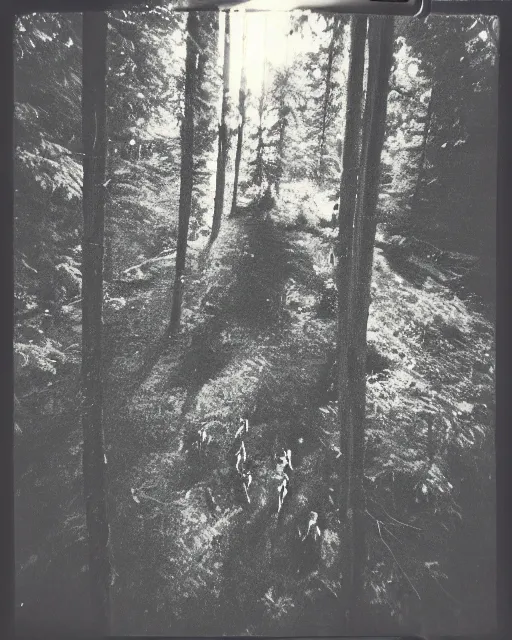 Image similar to werewolf in forest at night, shot from drone, grainy, polaroid