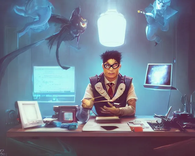 Image similar to an insanely detailed painting of a nerdy asian man wearing a superhero costume, sitting at a desk, staring at the nervously at the computer and typing, in the style of peter mohrbacher, dramatic lighting and composition, surreal background, octane render, pixar, trending on artstation, concept art, comic book, view from behind