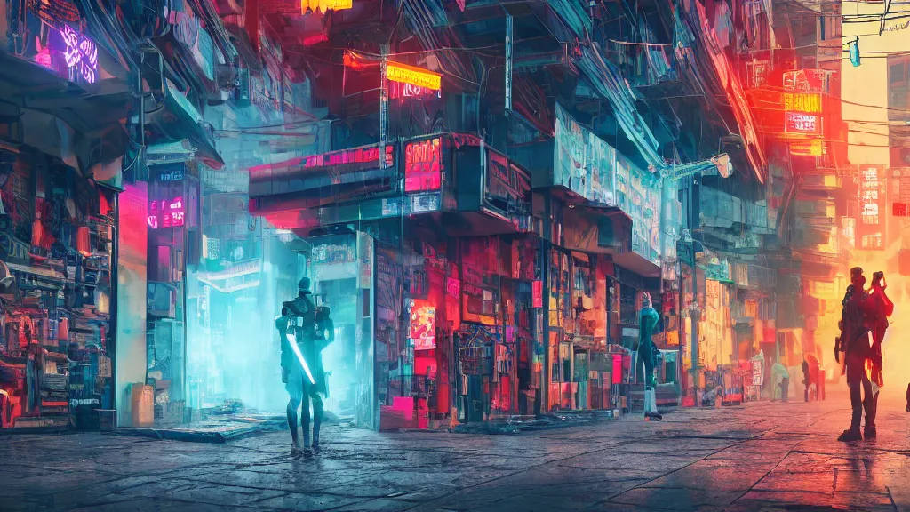 Prompt: two passive guards near the entrance of a big colorful shop in the crowd of a cyberpunk dystopian city at day in an orange fog at a distance 4K