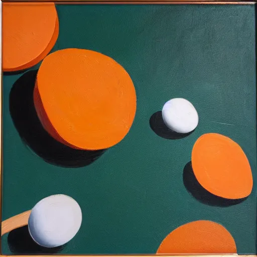 Image similar to Due gatti giocano a ping-pong su sfondo arancione, oil painting