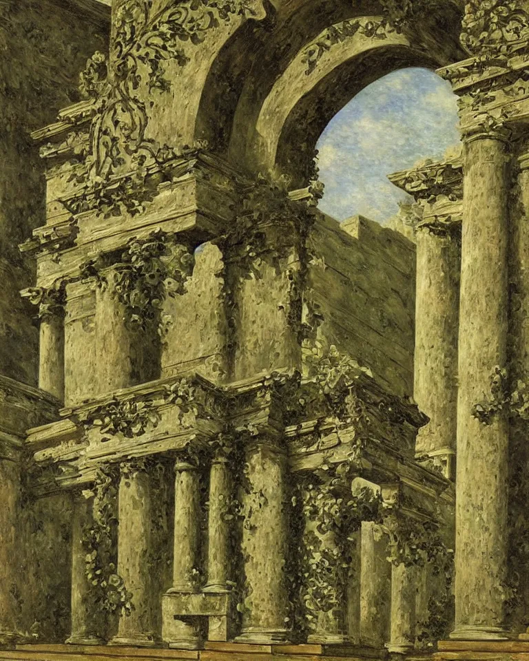 Image similar to achingly beautiful painting of intricate ancient roman ionic capital on olive drab background by rene magritte, monet, and turner. giovanni battista piranesi.