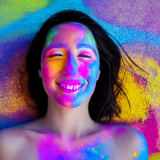 Image similar to a fullbody photo of a female smiling, painted her body with ultraviolet paint, 5 0 mm lens, f 1. 4, sharp focus, ethereal, emotionally evoking, head in focus, volumetric lighting, 8 k