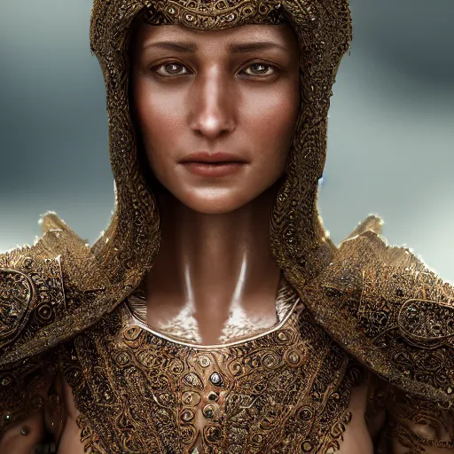Prompt: full shot of a regal brown woman wearing an intricate and detailed armor made of dew drops. multiple layers. reflections. morning dew. textures. delicate. translucent. studio portrait. photorealistic. octane render