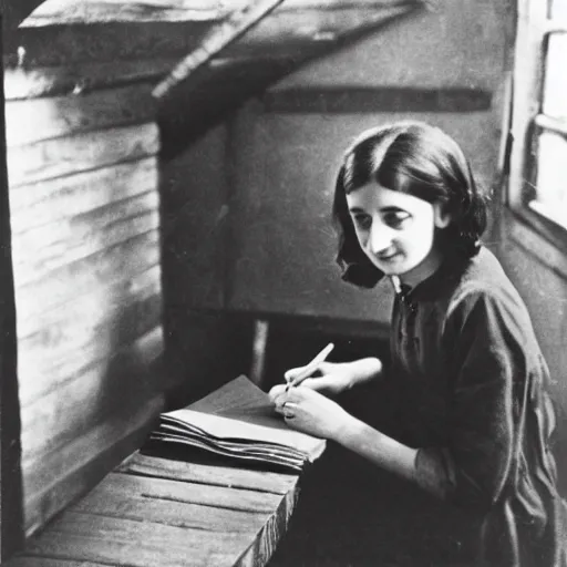 Image similar to Photograph of Anne frank writing in her diary in the attic