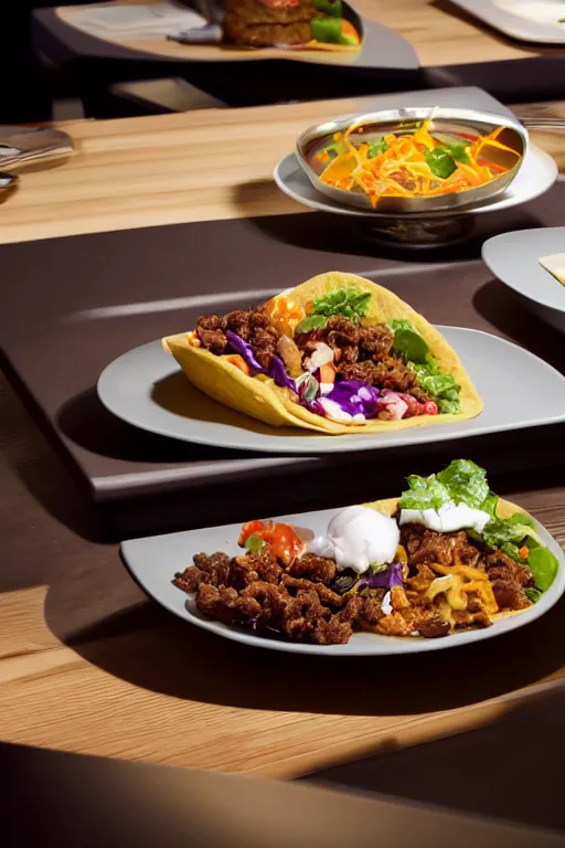 Image similar to Taco Bell served at modernist cuisine michelin restaurant, award winning food photography.