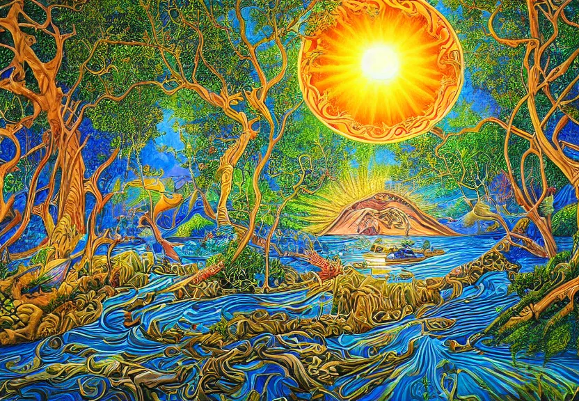 Prompt: An intricate, extremely detailed painting in a style of Alex Grey featuring a river in Europe, surrounded by trees and fields. A dinghy is slowly moving through the water. Sun is shining.