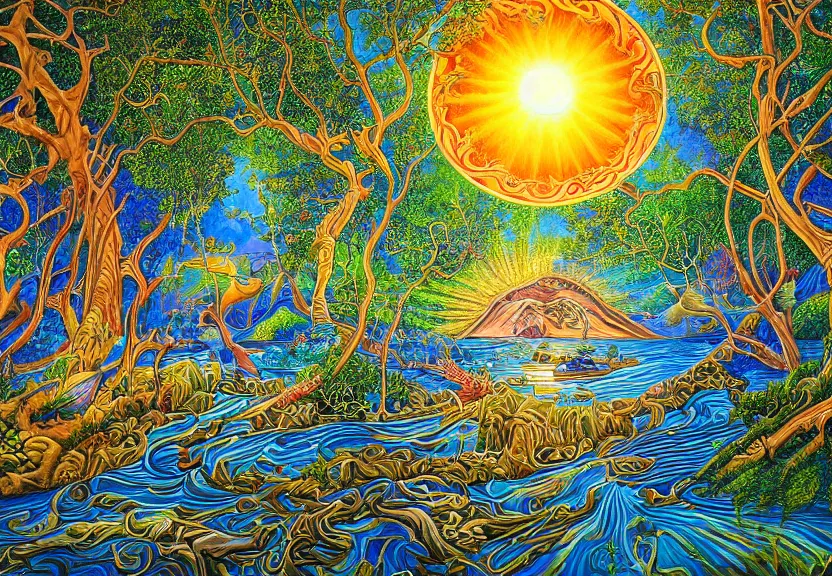 Image similar to An intricate, extremely detailed painting in a style of Alex Grey featuring a river in Europe, surrounded by trees and fields. A dinghy is slowly moving through the water. Sun is shining.